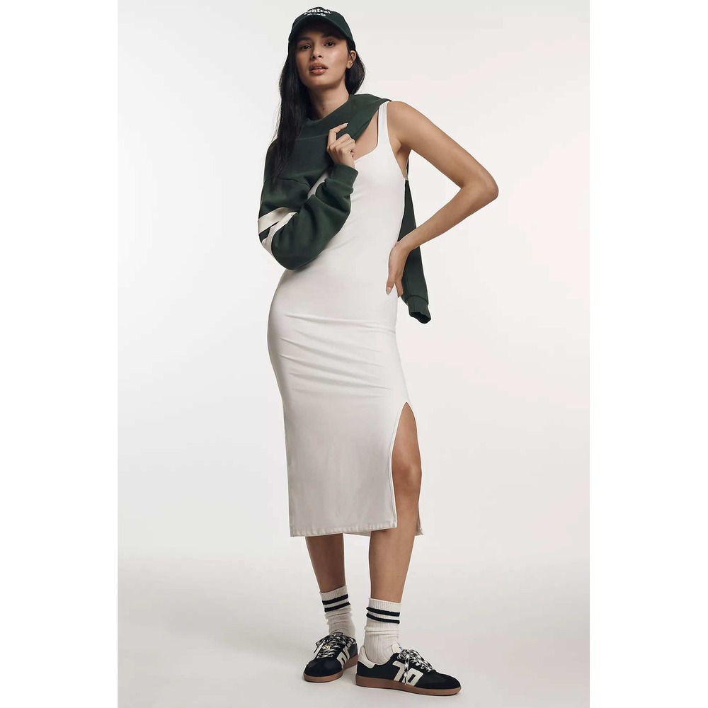 Daily Practice Anthropologie White Scoop Neck Midi‎ Dress Side Slit Small NEW